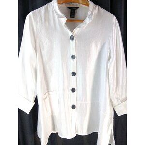 Ali Miles Womens White Shimmer Button Front Tunic Shirt 3/4 Sleeves Size L Pocke